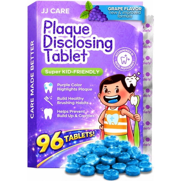 Tabletas reveladoras de placa JJ CARE, 96 unidades, sabor uva