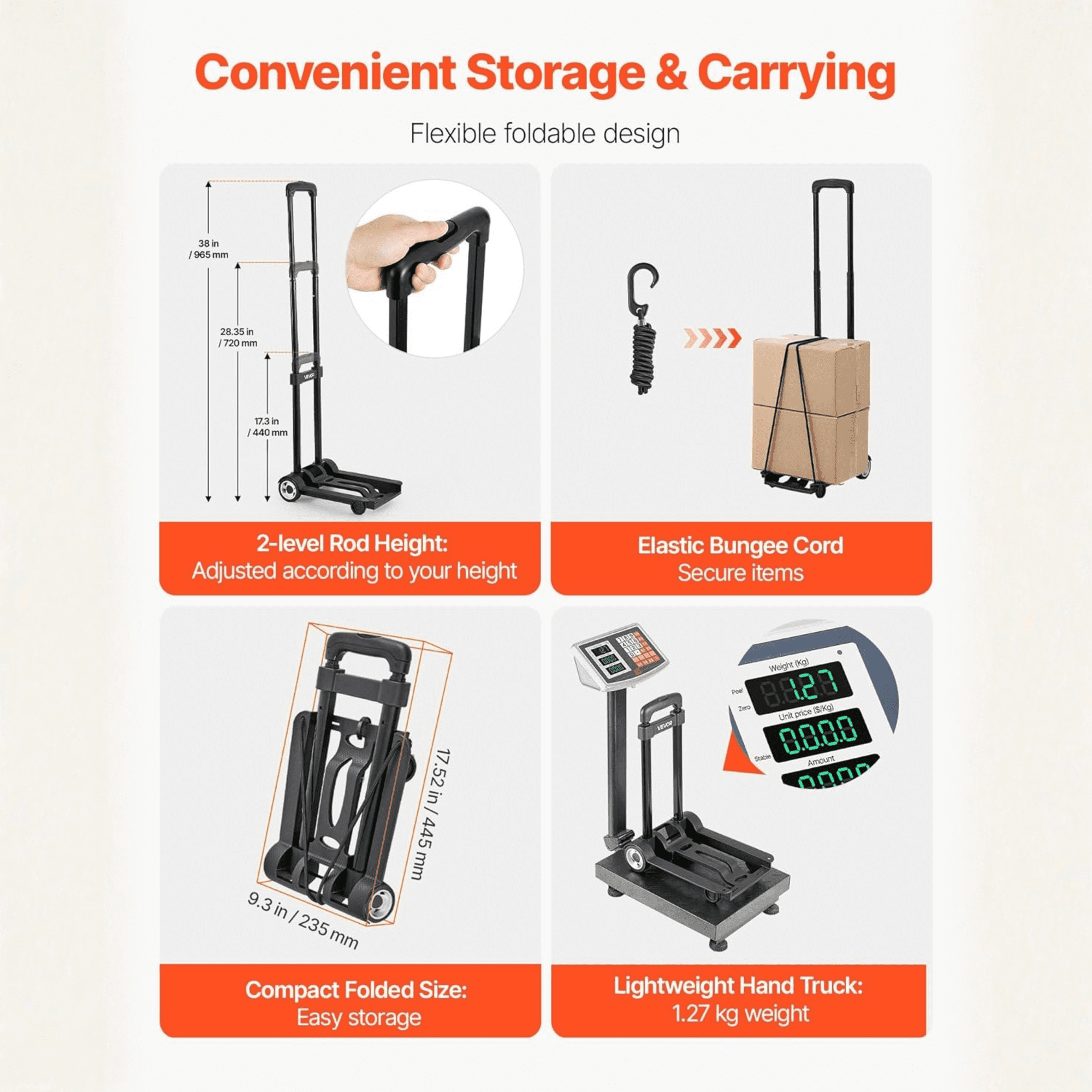 Folding Hand Truck and Dolly, Heavy-Duty Aluminum Foldable Cart with Telescoping Handle and PP+TPR Wheels, 176 lbs Capacity for Home, Office, Shopping, and Travel