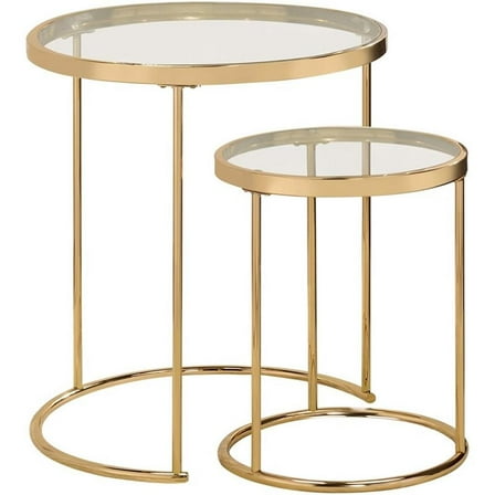Pemberly Row 2-Piece Round Clear Glass Top Nesting Table in Gold