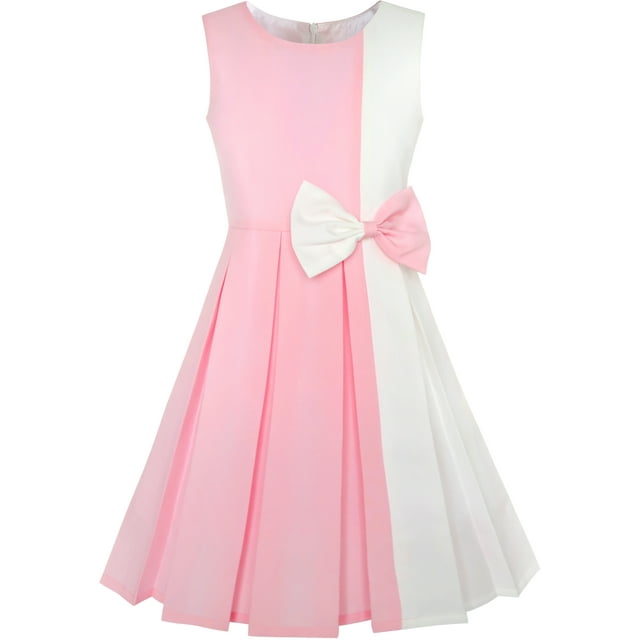 Robe Fille à Blocs de Couleur Contraste avec Nœud Papillon Rose Blanc Fête 10 Ans