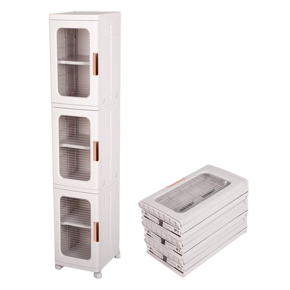 3-Tier Narrow Storage Cabinet with Transparent Doors and Adjustable Shelves