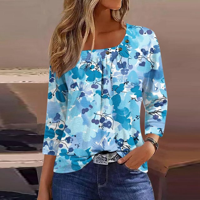 Fiudx Ofertas Relámpago Blusa de Manga 3/4 a La Moda para Mujer, Camiseta Estampada, Top Informal