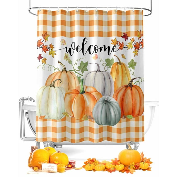 Fall Shower Curtain Set ，Waterproof Fabric Shower Curtains Pumpkin Leaves Maple Leaves Flowers Orange Plaid Shower Curtains for Bathroom,Bathroom Decor 72"x78"