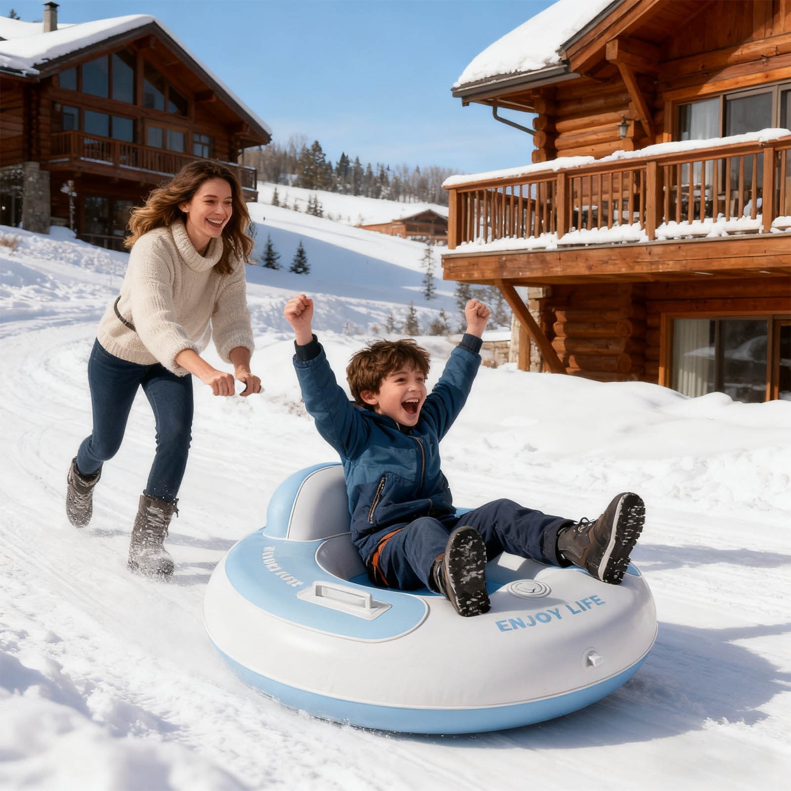 FHBVT Snow Tube Sled Inflatable Winter Riding Toy PVC Heavy Duty Round Snow Tube With Handles Fast Inflation Fun Outdoor Snow Play Hillside Backyard Winter Activity Kids Family Holiday Snow Toy