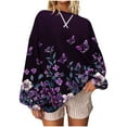 thumbnail image 2 of JUSLIO Shirts for Women Relaxed Fit Graphic Sweatshirts Irregular Print Long Sleeve Round Neck Sweatshirts Purple L, 2 of 5