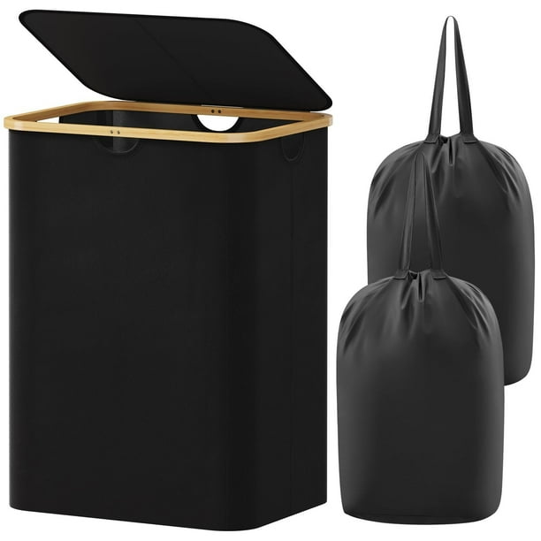 Cesto para la Ropa Sucia de 150L con Tapa, Cesta para la Colada con Asas de Bambú y 2 Bolsa Extraíble, Cesto de Ropa Plegable Grande para Dormitorio, Cuarto de Baño, Lavadero, Negro