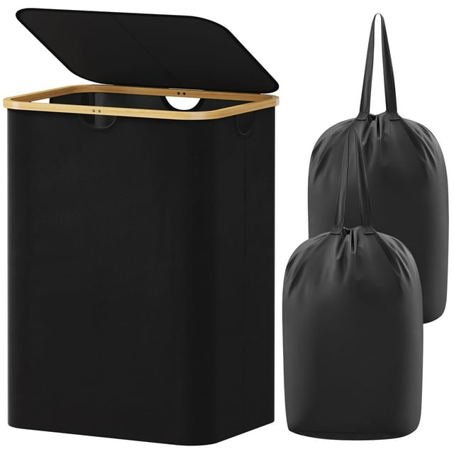 Cesto para la Ropa Sucia de 150L con Tapa, Cesta para la Colada con Asas de Bambú y 2 Bolsa Extraíble, Cesto de Ropa Plegable Grande para Dormitorio, Cuarto de Baño, Lavadero, Negro