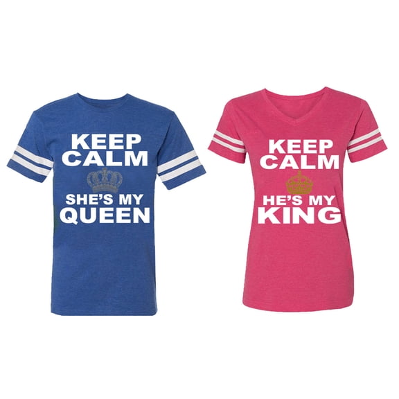 Keep Calm King Queen Matching Couple Cotton Jerseys (Men Royal / Women Pink) (Men XL / Women XXL)