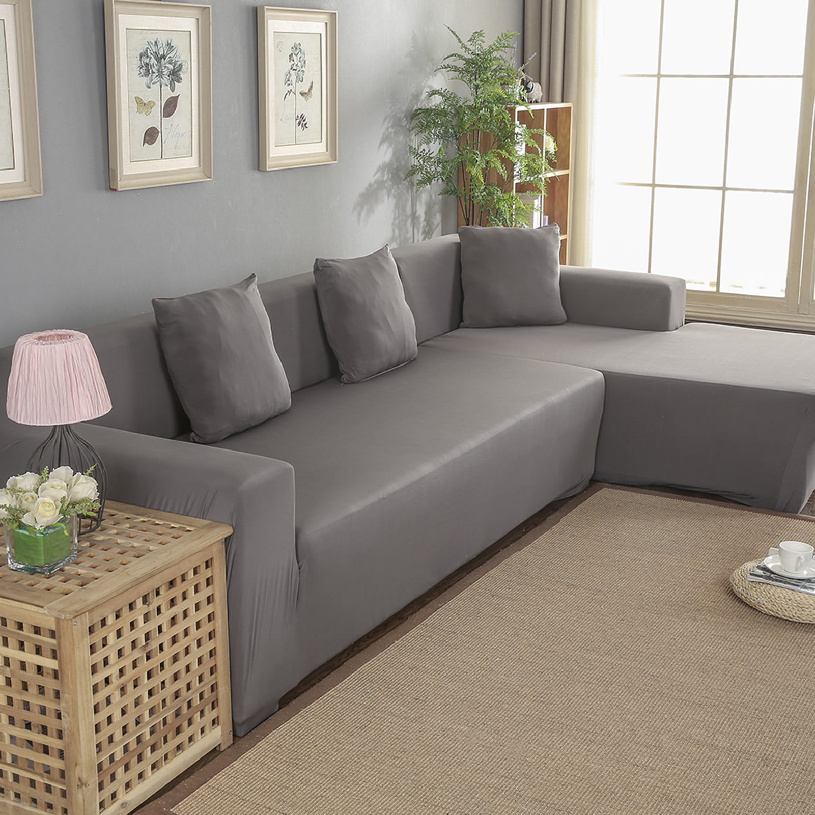 Fyydes 3+2 Seat Corner Sofa Cover L Shape Slipcover Protector for Living Room (Gray)