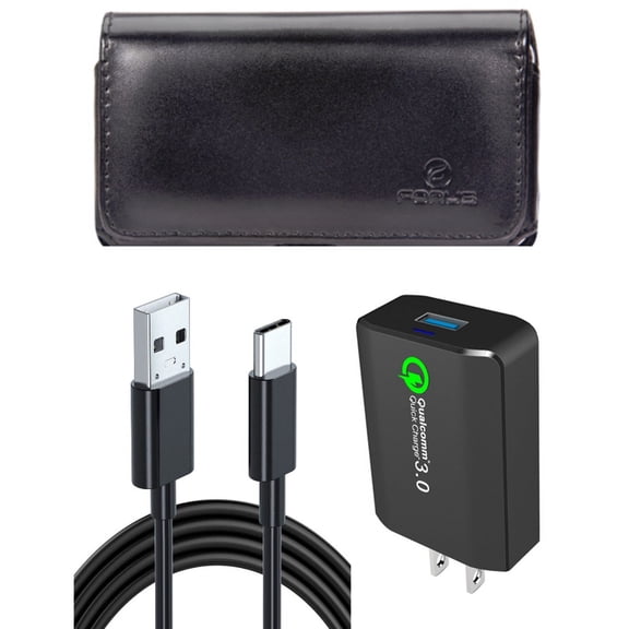 Case Belt Clip & Home Charger for iPhone 15 Pro - Leather Swivel Holster Loops and 18W Fast 6ft USB Cable Type-C Quick Charge V8O for iPhone 15 Pro (6.1")