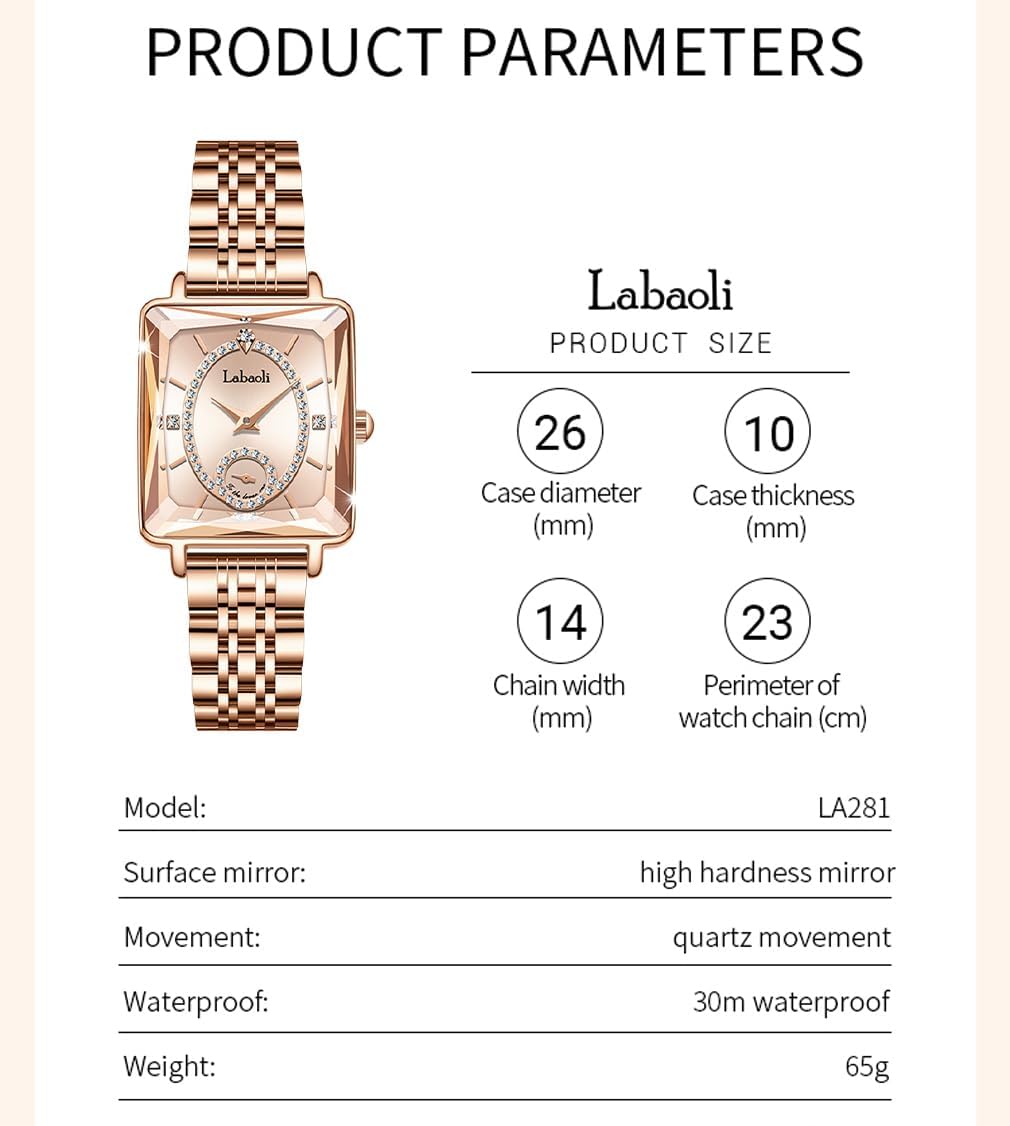 Watches for Women Rose Gold Square Stainless Luxury Fashion Diamond Analog Quartz Waterproof Dress Casual Small Simple Ladies Female Wife Gifts Gold Wrist Watch