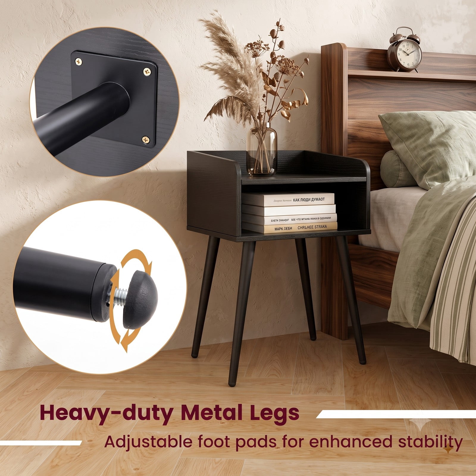 Furnibear Mid Century Modern Nightstand with Open Shelves and Metal Legs for Bedroom Living Room and Small Spaces as a Bedside End Table, Black