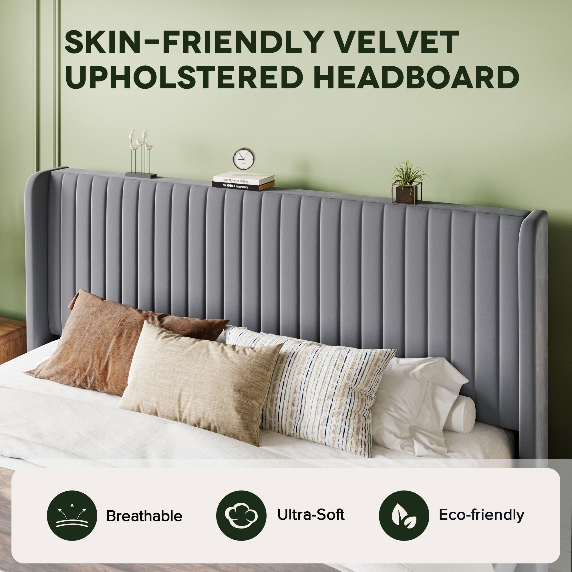 Einfach King Bed Frame, Upholstered Platform Bed with Wingback Headboard, No Box Spring Required, Gray