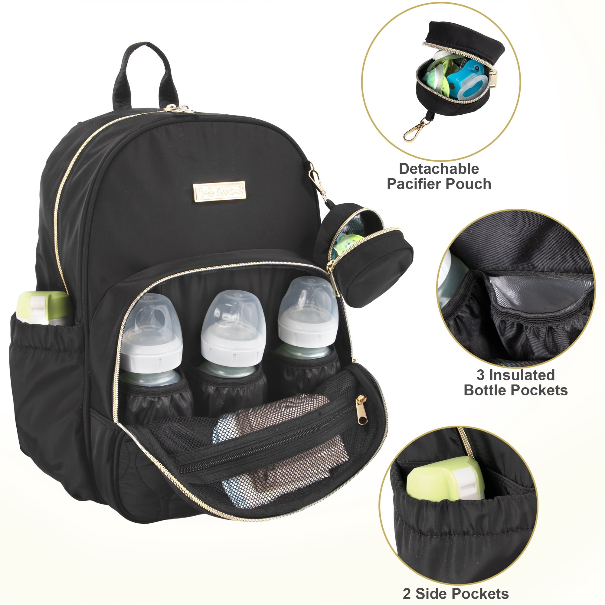Baby Essentials 3 in 1 Diaper Bag Backpack, Changing Pad & Pacifier Pouch for Newborns, Infants, Toddlers - Quilted, Smooth, Sheek, Padded in Design