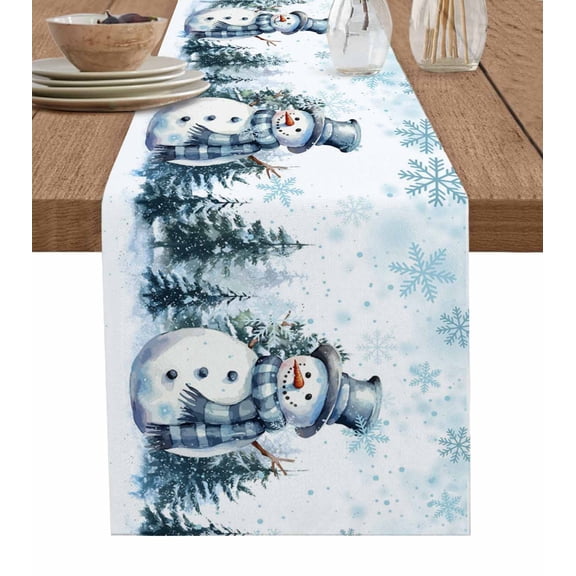 Christmas Snowman Table Runner 48 Inches, Blue Snowflake Xmas Tree Bed Runner Dresser Scarves Tabletop for Indoor Outdoor Parties/Ceremony/Banquet, 13" x 48"