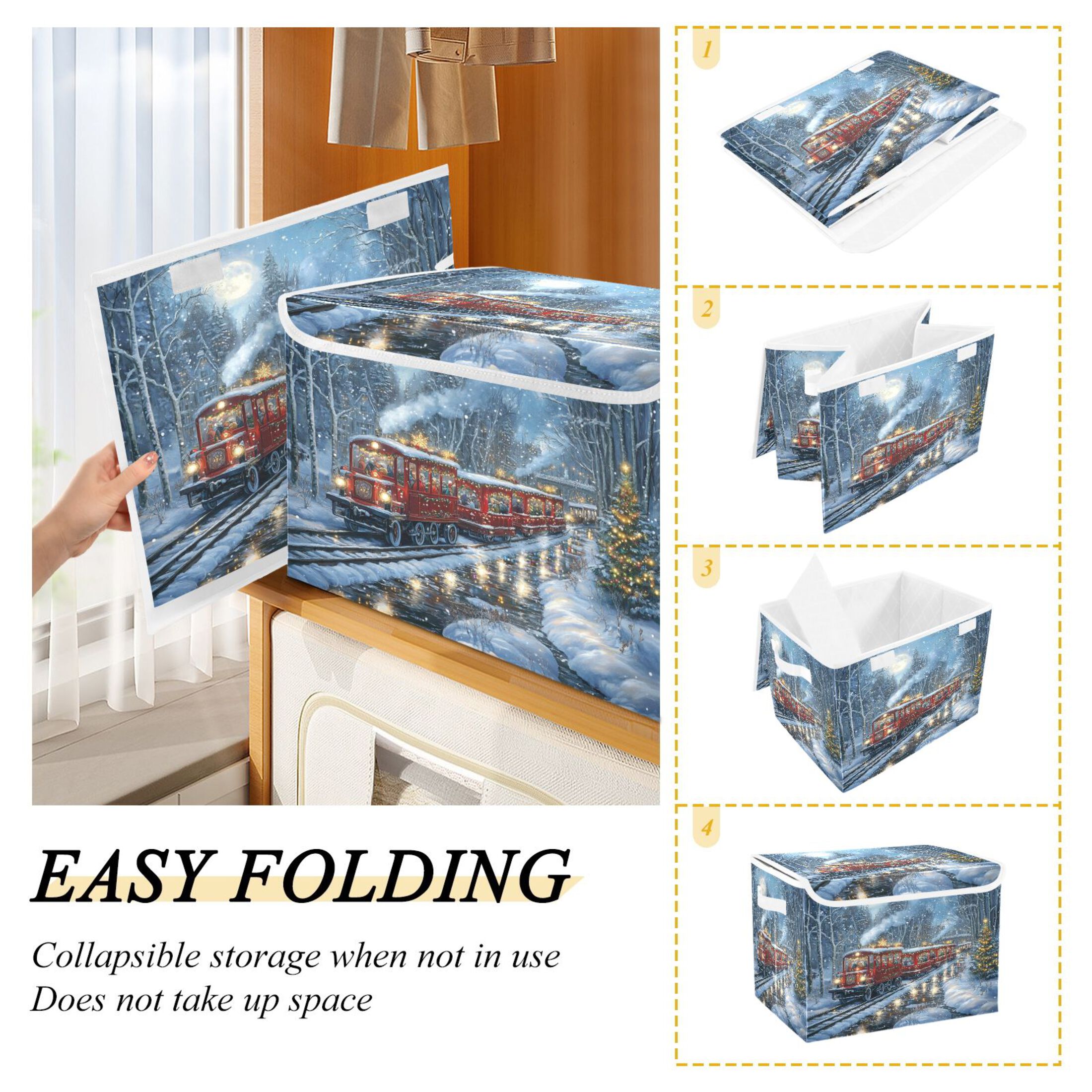 WOBOGO Christmas Train Picture Large Collapsible Storage Box Flip Lid Fabric Decorative Organizer Container Basket with Handles 16.5×12.6×11.8in
