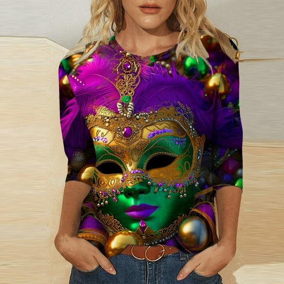 NSLGXD Mardi Gras Tops for Women 2025 Fashion 3/4 Sleeve Crewneck T-Shirts Vintage Mask Graphic Tees Mardi Gras Party Clothing Carnival Celebration Shirts Mardi Gras Themed Costumes