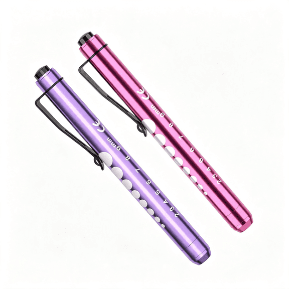HIBIBUD Pen Lights for Nurses, 2Pack Reusable Medical Pen Light with Pupil Gauge and Ruler, White Light Led Penlight for Nurse Student Doctors Emt (Bright Pink\/Purple)