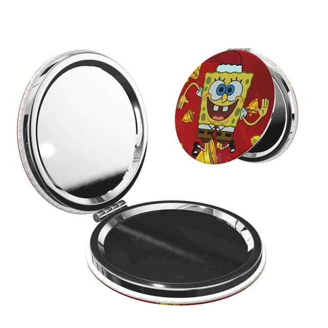 Pofeuu SpongeBob SquarePants Miroir de Maquillage de Poche Portable Couverture en PU Miroir de Voyage Compact avec Verre Double Face Normal et Grossissant - Forme Ronde - Forme Ronde