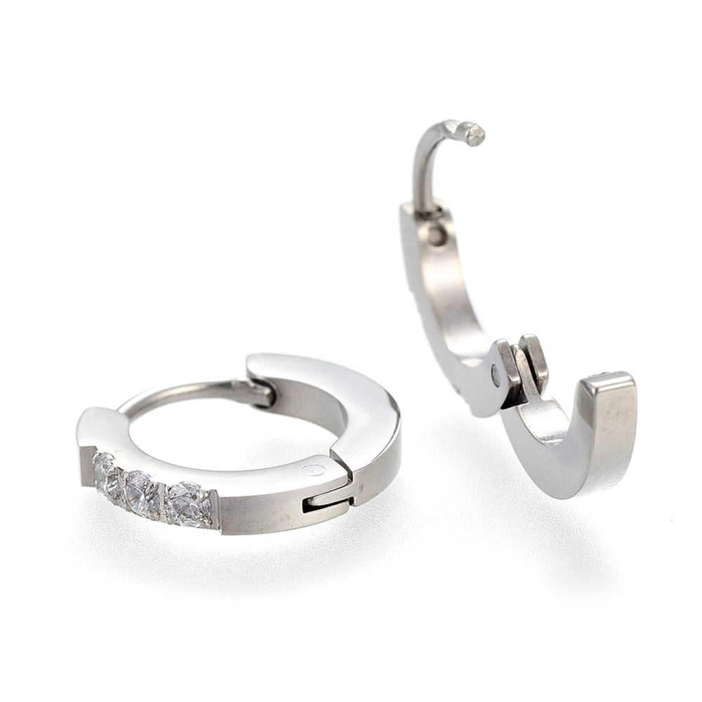 304 Stainless Steel Huggie Hoop Earrings with Clear Cubic Zirconia Ring Stainless Steel color 12.5x13x2mm Pin: 1.2mm