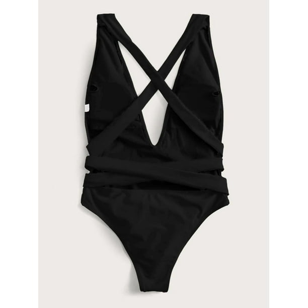 Womens Lace-Up One Piece Swimsuit Sexy Deep V-Neck Monokini
