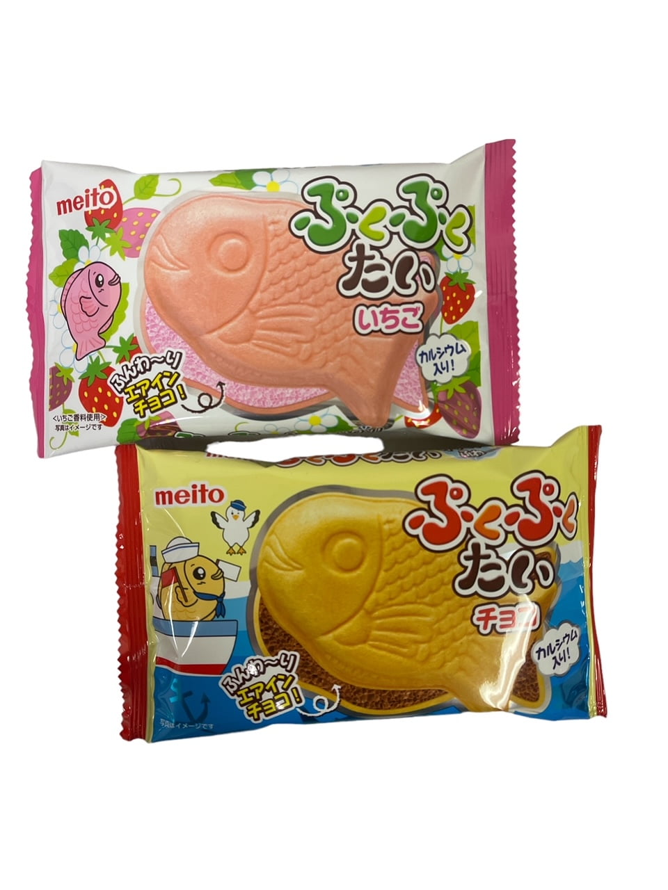 Meito Pukupuku Tai Taiyaki Chocolate and Strawberry Filled Fish Shaped Monaka Wafer; 6 Counts