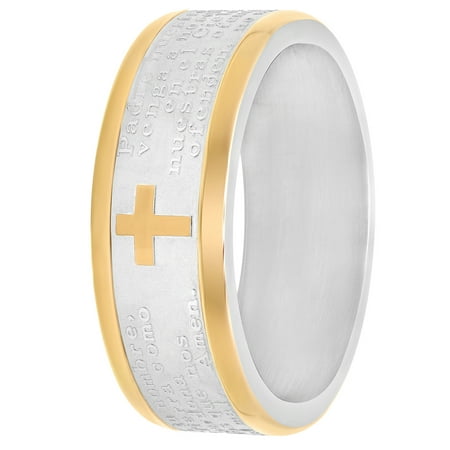 Men's Two-Tone Stainless Steel 7MM Lord's Prayer Wedding Band - Mens Ring - Spanish Version