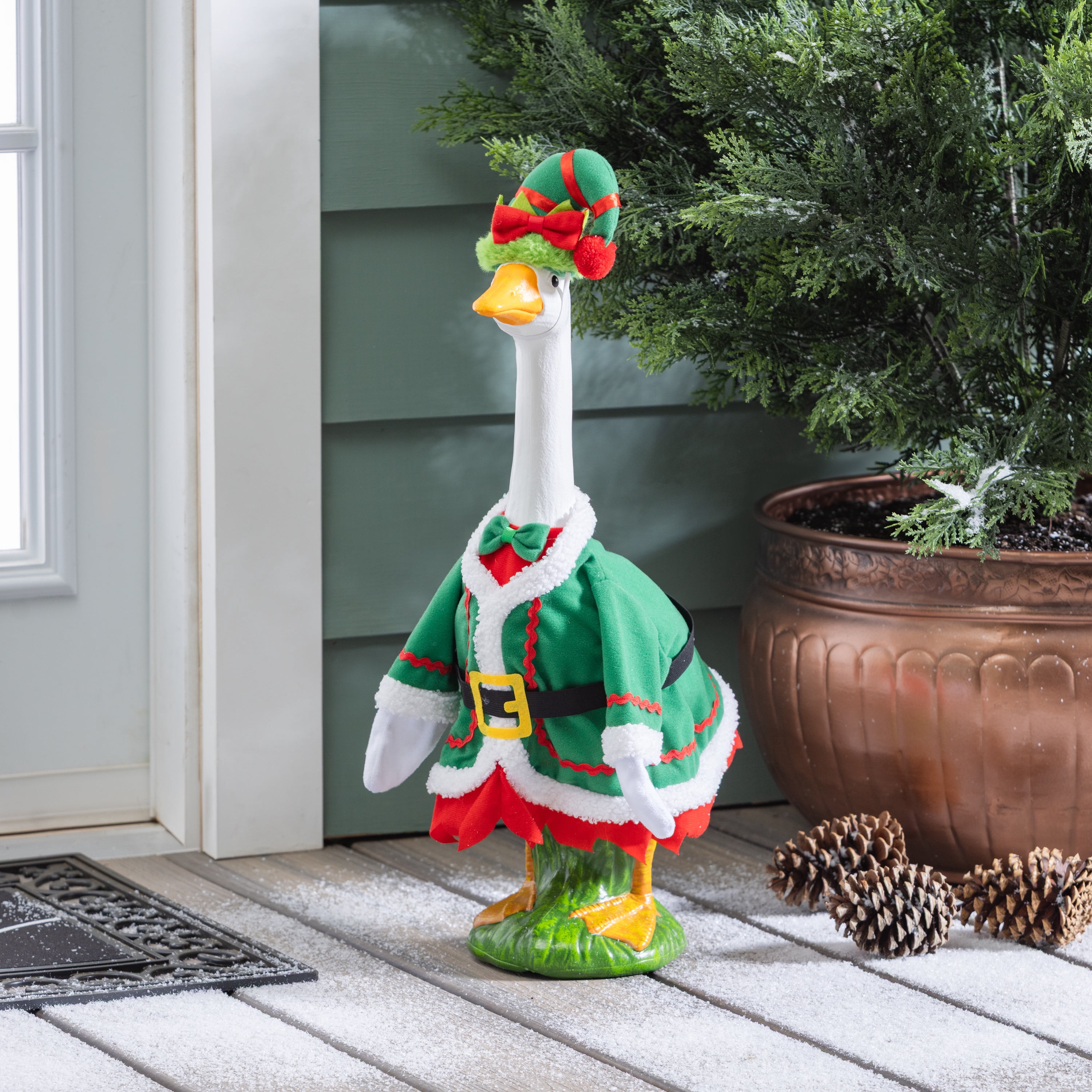 Mainstays Holiday Elf & New Year Porch Goose Outfit, Set of 2, Fits 20" Goose