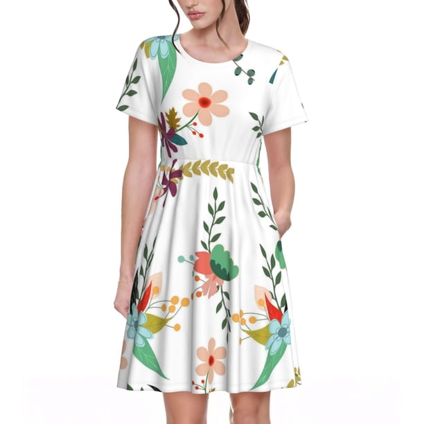 Balery Pretty Floral With Leaves Vestidos sueltos de manga corta para mujer, vestidos de verano 2025, vestidos casuales de corte A con vuelo.