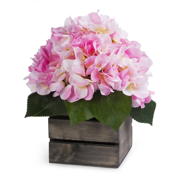 Enova Home Artificial Flowers Silk Hydrangea Fake Flowers Arrangement in Wood Planter for Home Office Wedding Decoration (Pink)