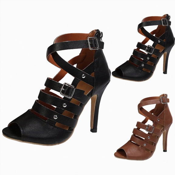 Strappy Gladiator Sandals for Women Peep Toe Buckle Ankle Stilettos High Heel Party Dressy Heeled Sexy Pom Shoes Brown Size 7