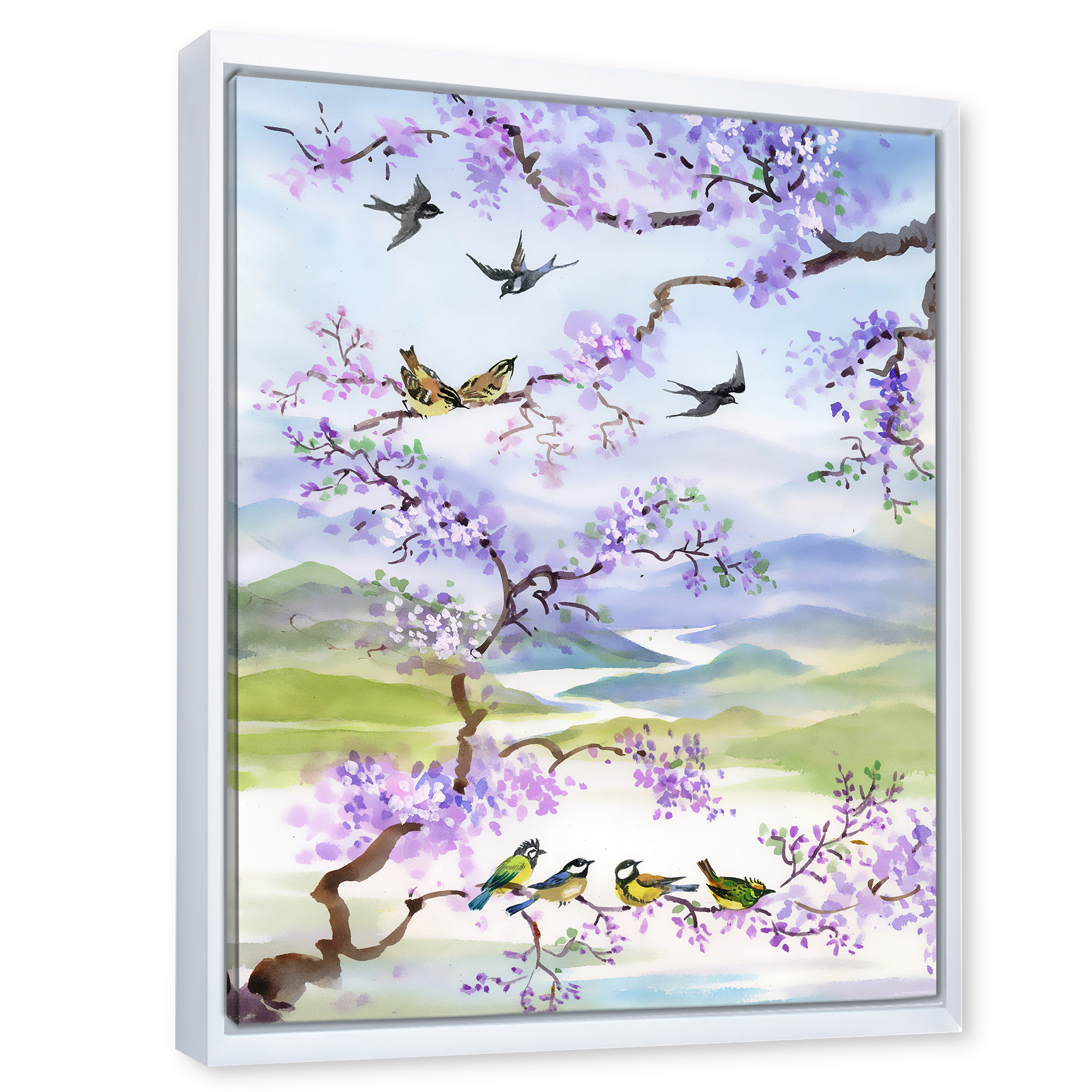 Designart 'Birds Sitting On Cherry Branch' Traditional Framed Canvas Wall Art Print