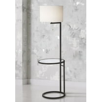 360 Lighting Space Saver Modern Floor Lamp with Tray Table 62" Tall Black Metal White Fabric Drum Shade for Living Room Bedroom Office House Home