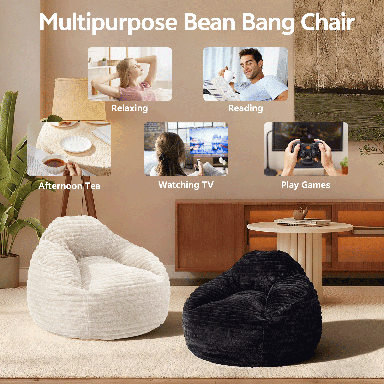 Oversized Bean Bag Chair, Beanbag for Adults, Comfy Refillable Single Sofa for Living Room, Bedroom, Dorm, Black