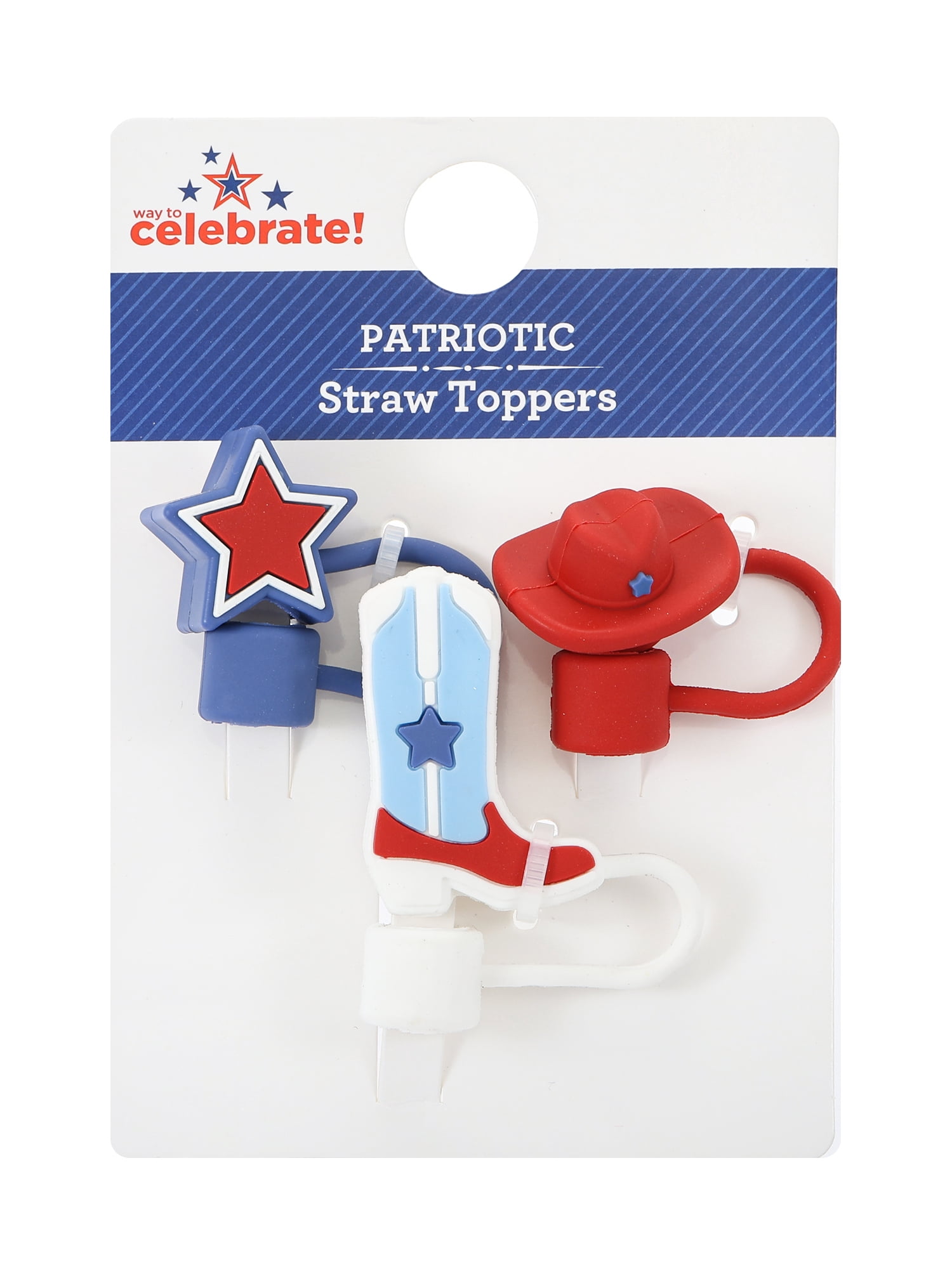 Way to Celebrate Americana Western Themed Straw Topper Set, Reusable, Multicolored, 3 Pieces
