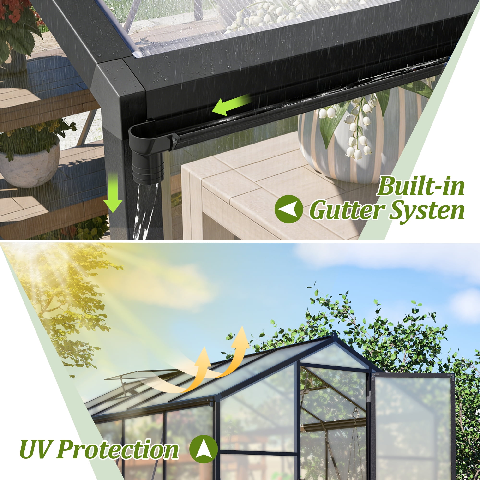 LZBEITEM 6'x10'x6.5' Walk-In Polycarbonate Greenhouse, Black Aluminum Frame, Adjustable Ventilation