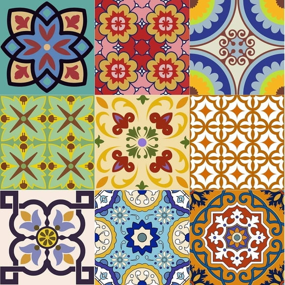 Autocollants de Carreaux de Dosseret Ensemble de 24 Pcs Authentiques Carreaux de Talavera Traditionnels Autocollants de Carreaux de Salle de Bain et Cuisine Faciles à Appliquer Juste Peler et Coller Décoration Maison 4x4 Pouces (C400)