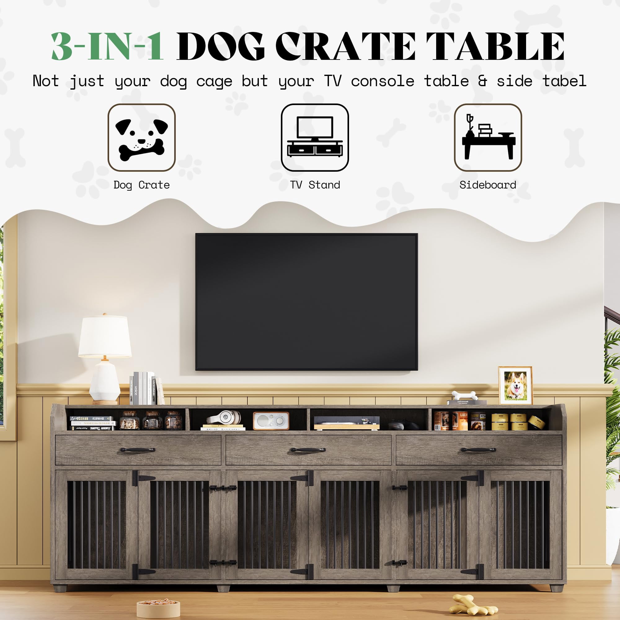 Merluxy 95" Large Dog Crate Furniture with Storage, 3-Room Indoor Wooden Dog Kennel for Large/Medium Dogs, TV Stand & Sideboard, Grey