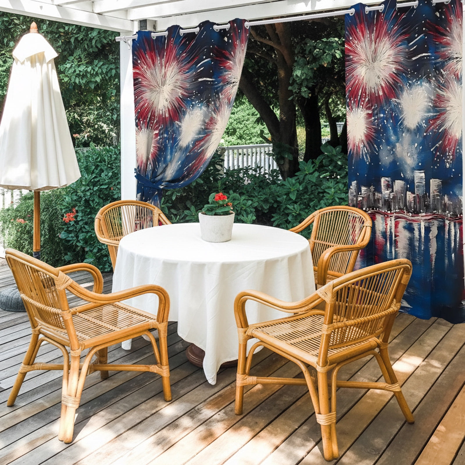 Independence Day Outdoor Curtains for Patio, Fireworks City Night Scene Patriotic Sunshade Privacy Drapes Grommet Waterproof Outside Curtains for Porch/Cabana/Balcony 54"x 108", 1 Panel