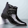 thumbnail image 2 of Men's Crocodile-Embossed Patent Leather Chelsea Boots with Double Buckle Strap, Low Heel Pointed Toe Cowboy Boots, 2 of 6