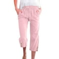 thumbnail image 2 of Petite Capris for Women with Pockets Linen Plus Size Petite Summer 2026 Casual Straight Wide Leg Loose Drawstring Elastic Waist Pink L, 2 of 8