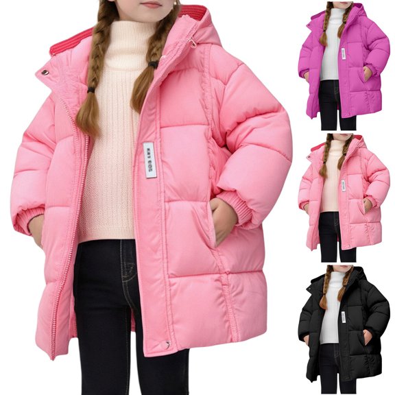 Liyamei Girls Hooded Padded Jacket with Zipper for Winter Warm Mid Length Coat Size 3-4 Years