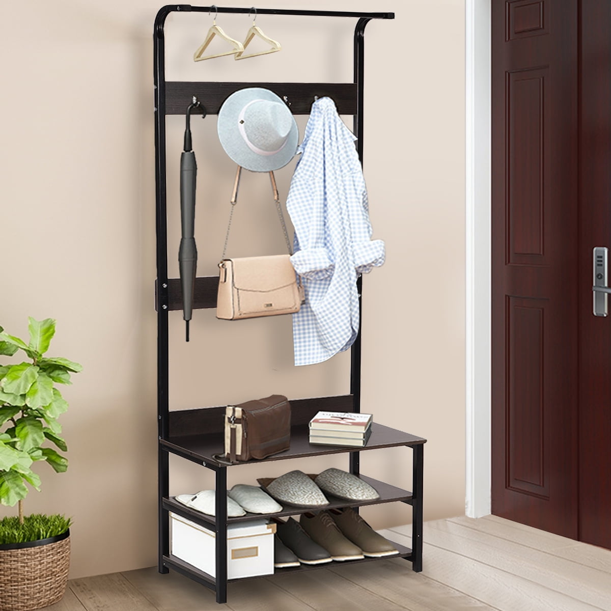 Entryway Hall Tree Coat Rack with Shoe Bench Organizer Hat Rack Space