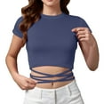 thumbnail image 2 of TODOZO Crop Tops for Women Trendy Summer Slim Fitted Basic Tees for Women Going Out Tops for Women Cropped Tie Front Petite Summer High Neck Short Sleeve Tops T Shirts Work Out Outfits Navy L, 2 of 7