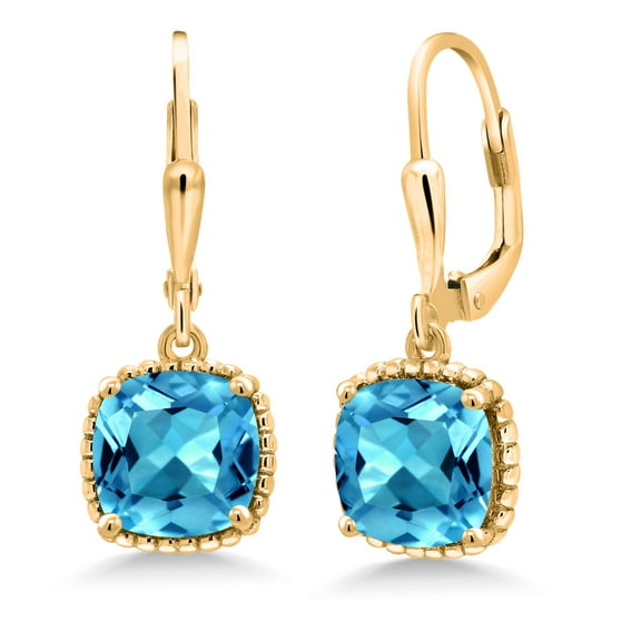 Gem Stone King 4.60 Ct Cushion Swiss Blue Topaz 18K Yellow Gold Plated Silver Earrings