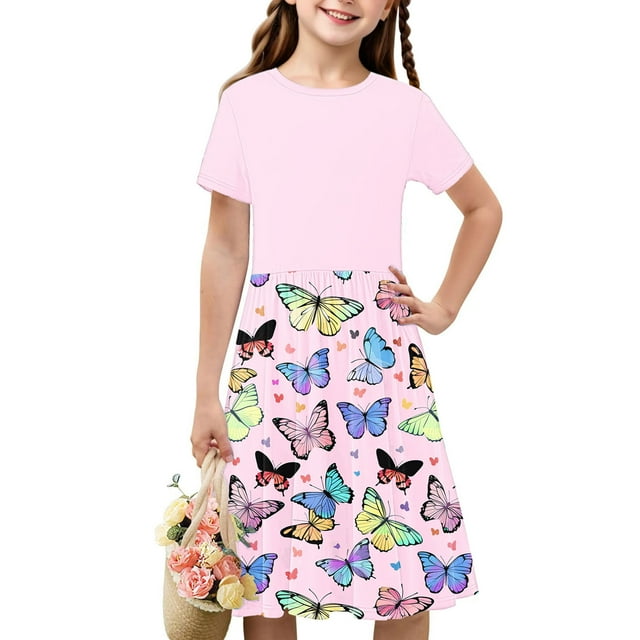 Offres des Fêtes Iumwxz Robes Plissées en Ligne A Confortables et Extensibles Robe à Col Rond Imprimé Tendance Manches Courtes pour Enfants Robe Délicieuse pour Cadeaux de Vacances 4-14 Ans