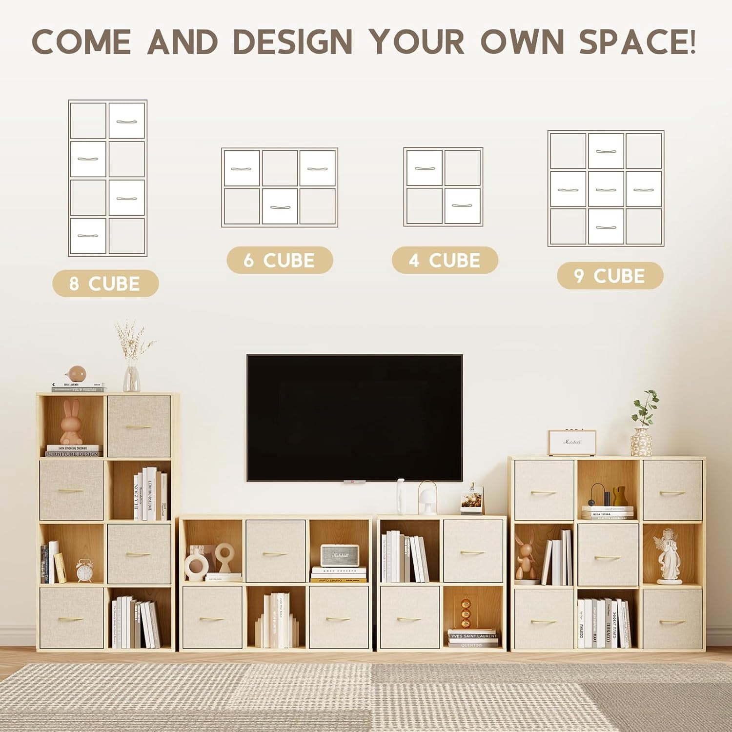 4 Cube Storage Organizer - Solid Wood Bookshelf with 2 Storage Bins, Cube Shelf with 2 Removable Back Panels, Vertical or Horizontal Bookcase, Open Book Shelf for Bedroom, Living Room, Office