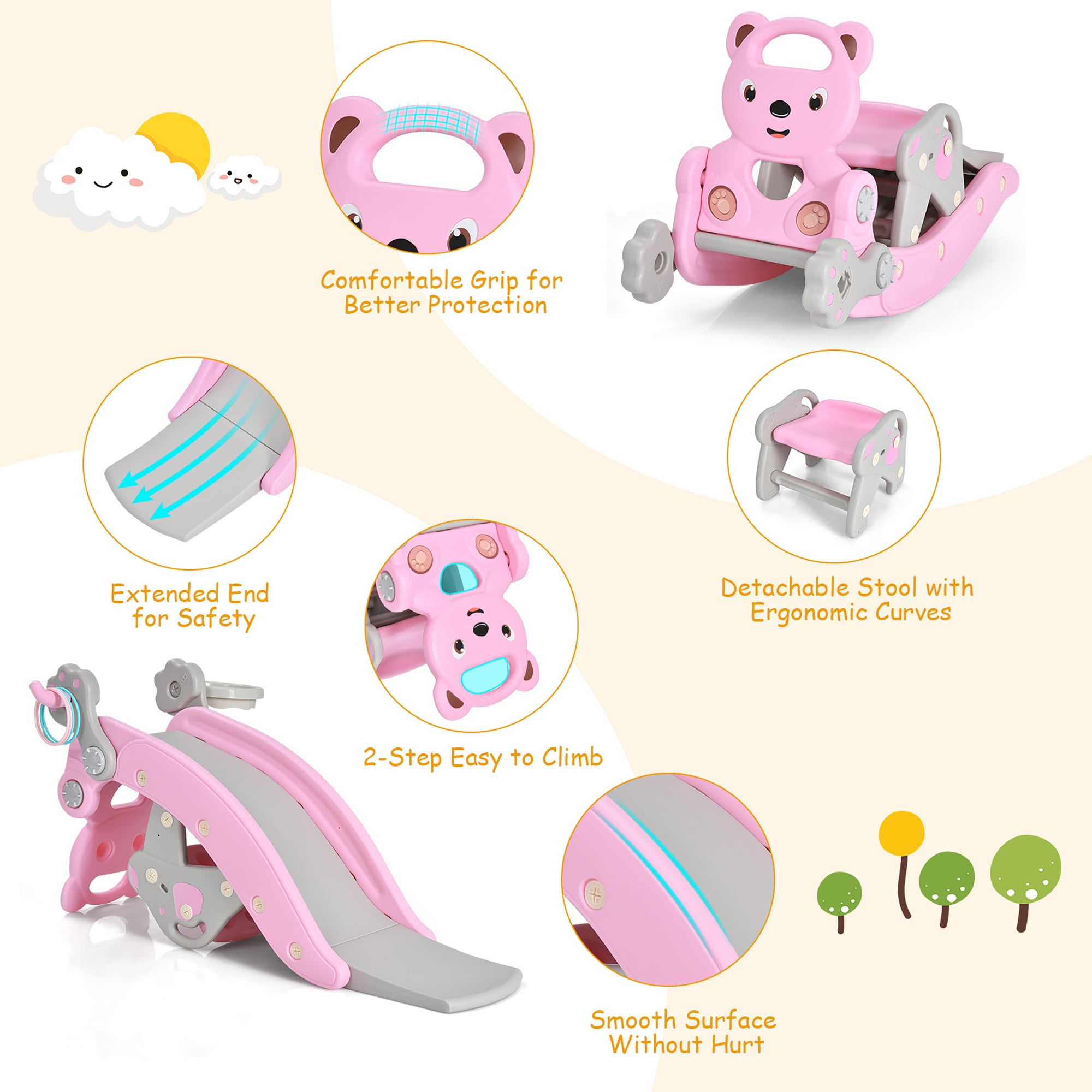 Costway 4-in-1 Rocking Horse & Slide Set Toddler Slide Playset w/Basketball Hoop