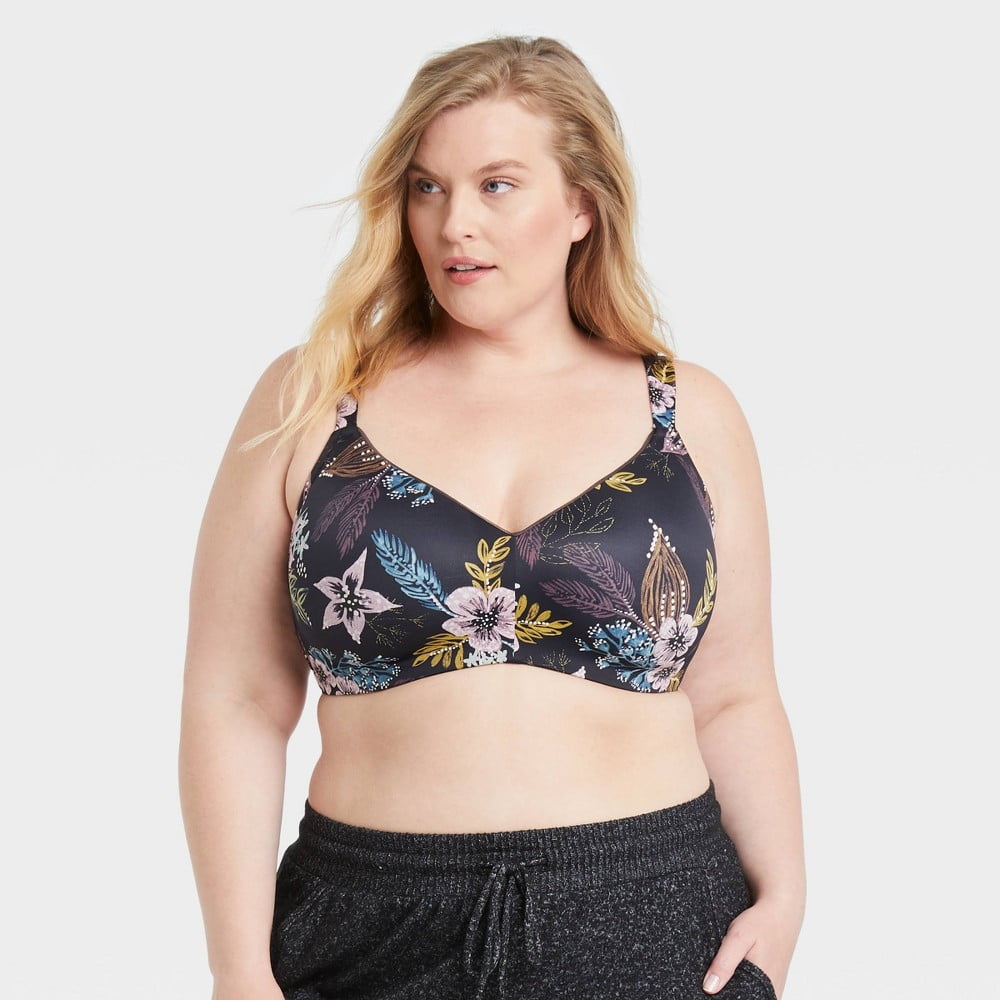 Women's Floral Print Plus Size Wirefree Bra - Auden Black 46DD 