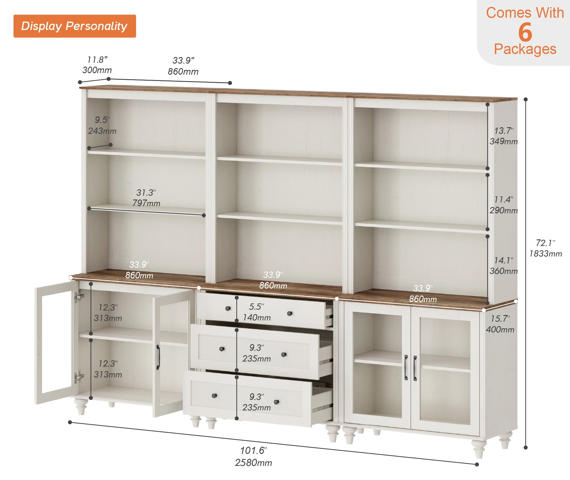 Farmhouse White Sideboard Credenza 72" Tall with 5-Tier Storage, Adjustable Shelves and Glass Door Storage Cabinet for Living Room, Study & Bedroom